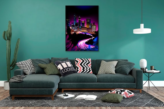 Neon city: fast lights (synthwave/vaporwave/retrowave/cyberpunk) — aesthetic poster, neon print, synthwave poster