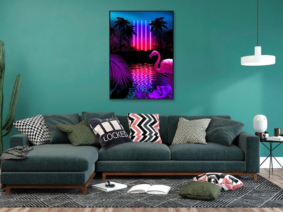 Neon landscape: Neon pillars & flamingo[synthwave/vaporwave/cyberpunk] — aesthetic poster, retrowave poster, neon poster