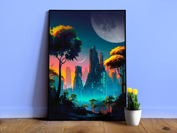 Neon cyberpunk city in a forest with Moons (Star Wars/Blade Runner style) — surreal space collage art, cosmic futuristic sci-fi collage