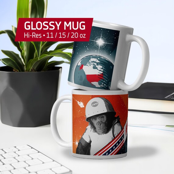 Ham Space Chimp Mug — White Glossy Mug. First Chimp in Space, USA 1961 Retro NASA Poster, Vintage Animal Space Art, Space History Gift