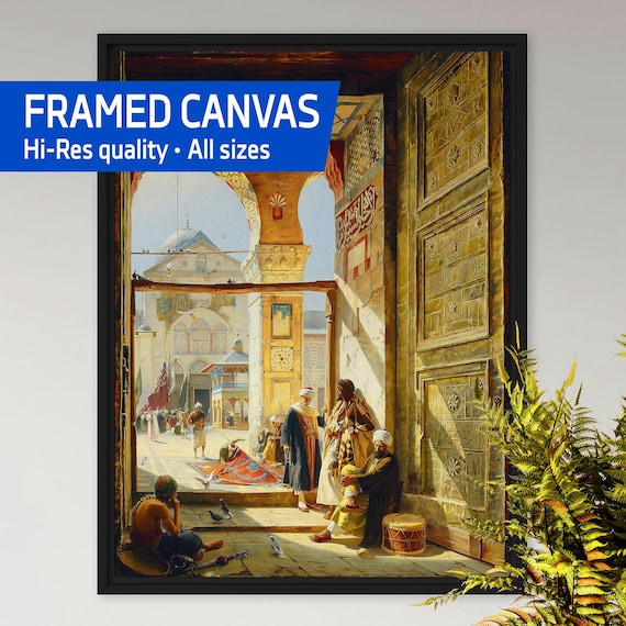 The Gate of the Great Umayyad Mosque, Damascus 1890, Gustav Bauernfeind — Orientalist framed canvas. Islamic Art, Vintage Mosque art