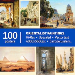 Może przedstawiać: Kolekcja 100 obrazów orientalistycznych, przedstawiających historyczne sceny z Kairu i Jerozolimy. Obrazy są w wysokiej rozdzielczości, przeskalowane i zawierają tekst wektorowy. Plakaty prezentują różne sceny architektoniczne i krajobrazowe.