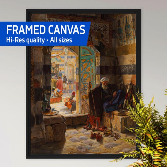 Warden of the Mosque, Damascus 1891 – Framed canvas, Gustav Bauernfeind. Islamic Art Decor, Orientalist Scene, Mosque Painting, Middle East