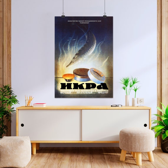 Fish caviar, USSR 1950s — Food Soviet vintage poster, Soviet retro poster, propaganda poster, kitchen poster, seafood poster