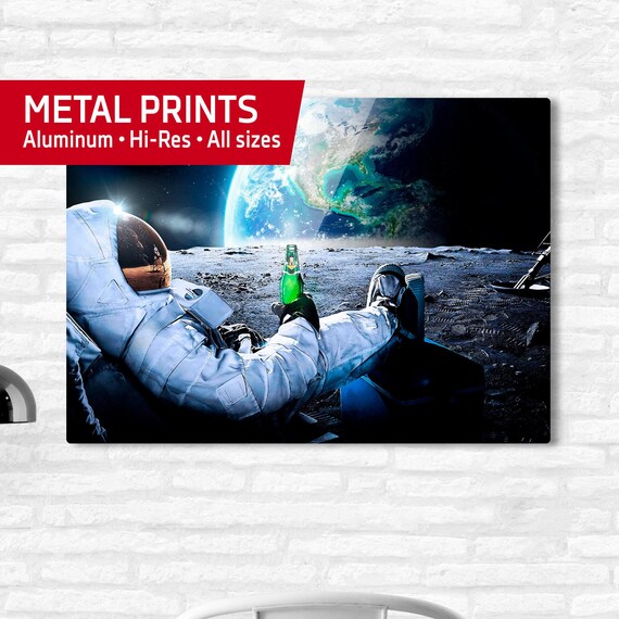 Astronaut on the Moon with beer — Metal prints. Space poster, science poster, space art, space collage, aesthetic collages, science gifts