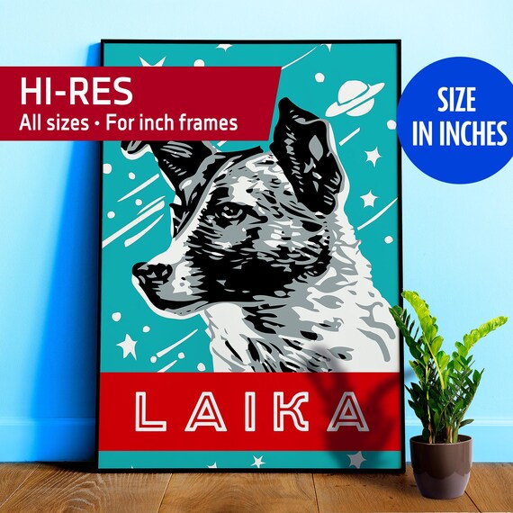Laika, Soviet first space dog, USSR 1950s — Soviet vintage space poster, retro soviet art, soviet space, propaganda poster [inches]