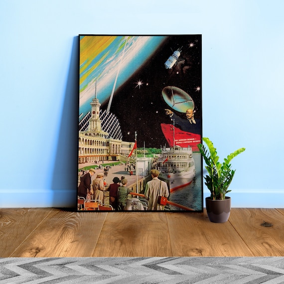 Soviet space & ship, 1970s collage — space vintage retro collage art, 50s futuristic sci-fi collage, surreal collage art, Soviet poster