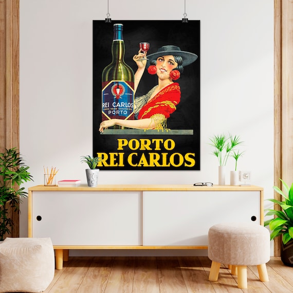 Wine Porto Rei Carlos — vintage alcohol poster. 1960s retro wine print, vintage bar wall art, classic drink decor, collectible wine adv