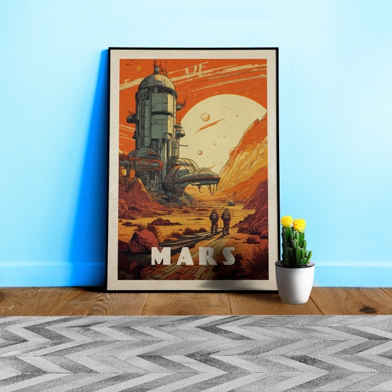 Mars, colony, astronaut — Vintage space poster, retro space art, propaganda poster, retrofuturism, retro sci-fi