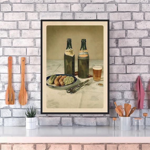 Soviet beer and snacks, sausages, USSR 1952 — Soviet vintage food poster, kitchen prints, retro art print, propaganda poster