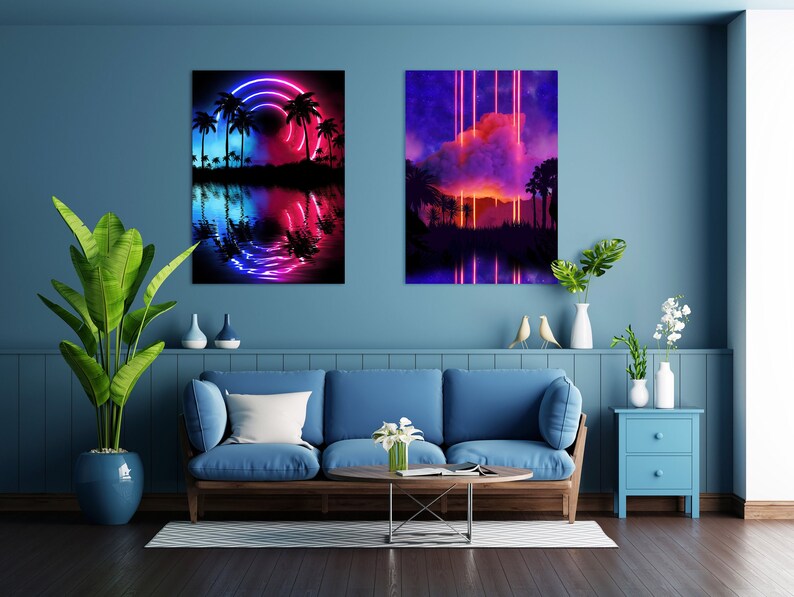 Neon landscape: Palms & Arc [synthwave/vaporwave/cyberpunk] — aesthetic poster, retrowave poster, vaporwave poster, neon poster