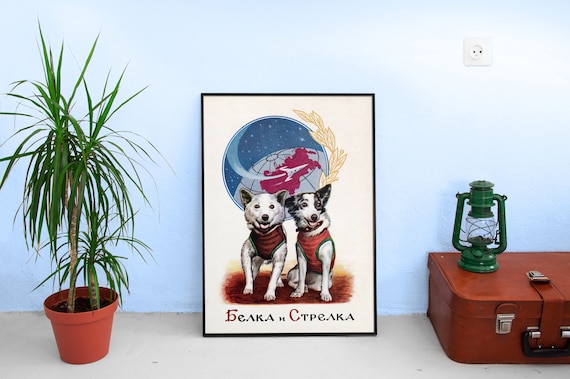 Belka and Strelka, space dogs, USSR 1961 — Soviet vintage space art poster, soviet poster, propaganda poster, soviet retro space, space art