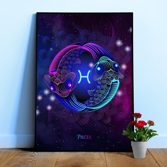 Pisces — Zodiac neon sign poster, astrology poster, neon poster, space poster, synthwave, retrowave