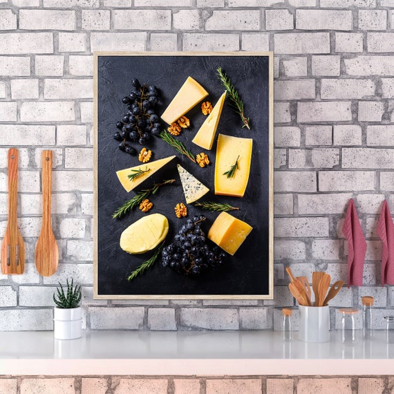 Cheese Wall Art, Grapes Walnut – Italian Spanish Food Poster, Rustic Kitchen Decor, Blackboard Style Culinary Print, Minimalist Food Artwork