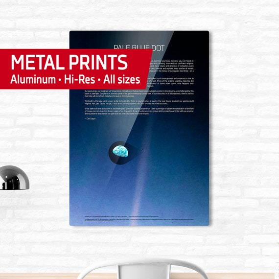 Pale Blue Dot metal wall art • Carl Sagan, Voyager 1 (2020 revision) with quote — Metal prints. Space poster, science poster, space photo