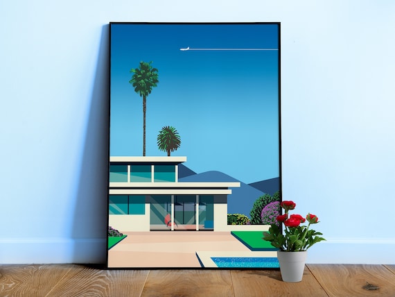 Florida, USA. Villa with pool — City Pop art, retrowave/vaporwave poster, 80s aesthetic poster, Hiroshi Nagai inspired, minimalist poster