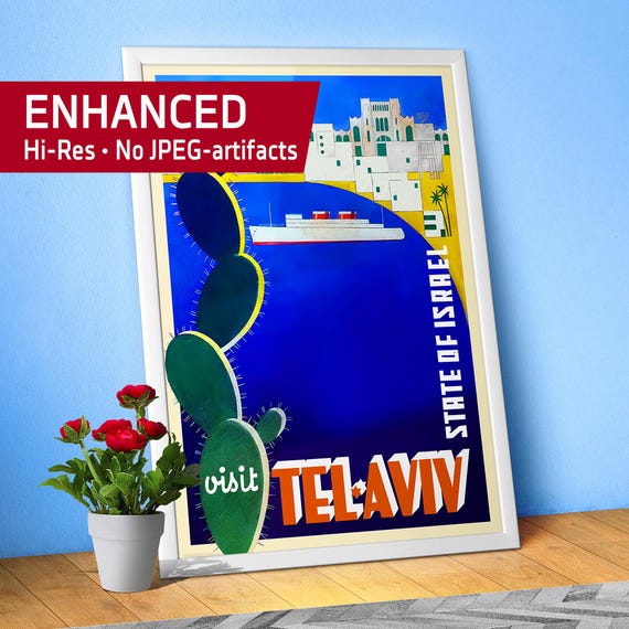 Visit Tel Aviv Poster, 1948 – Vintage Israel Travel Print 1940s. Restored Retro Wall Art, Rare Mid Century Modern Decor