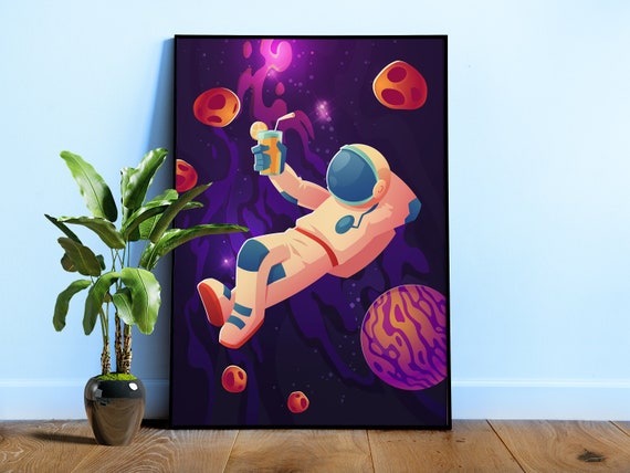 Chill Astronaut Poster - Funny vaporwave space art, space cocktail print, retro cosmic print, neon aesthetic decor