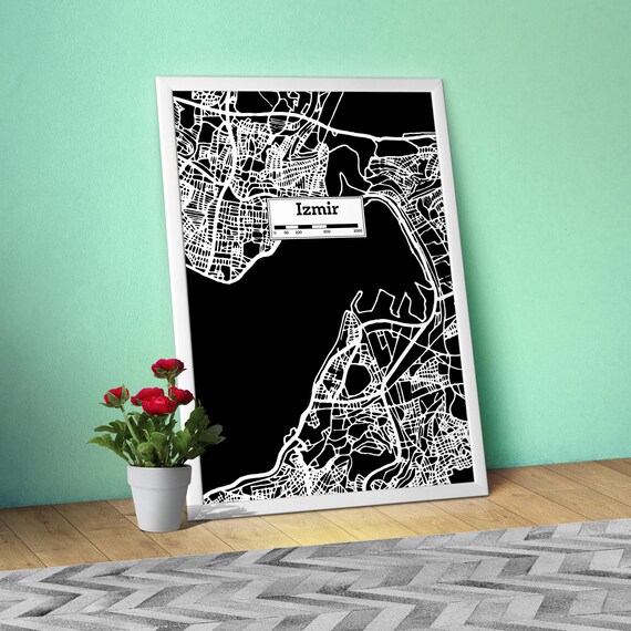 Izmir (Turkey), Hand Drawn City Map Poster —Black White Modern Urban Art,Print for Travel Lovers and Minimalist Wall Decor,Black city poster