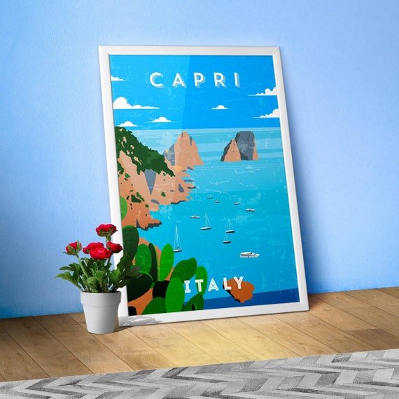 Capri, Italy — Retro travel minimalist poster, retro travel art, retro travel wall art, vector art