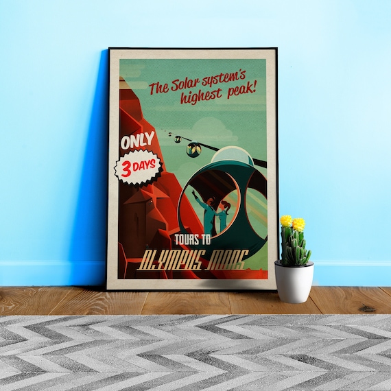 Mars, Tours to Olympus mons — Vintage space poster, retro space art, propaganda poster, retrofuturism, retro sci-fi