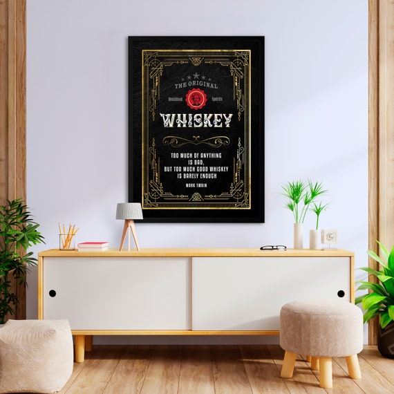 Mark Twain quote, whiskey poster — Gold vintage label wall art on black, witty bar decor print, humorous drink gift for home or lounge