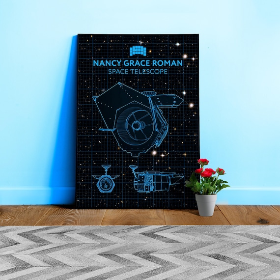 Nancy Grace Roman Telescope Blueprint Poster, view+starfield — NASA NGRST Space Print, Futuristic Science Wall Art, Space Blueprint Decor