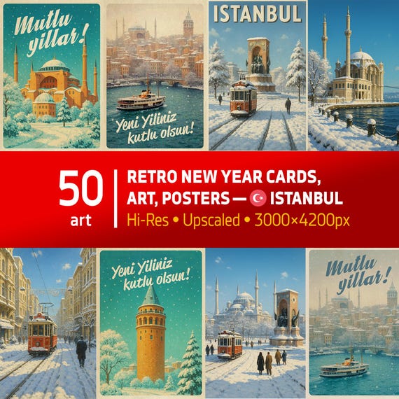 Winter Istanbul, Retro New Year cards Digital Download – 50 Retro Holiday Posters from Turkey, Hi-Res 2026 Printable Xmas Art Bundle