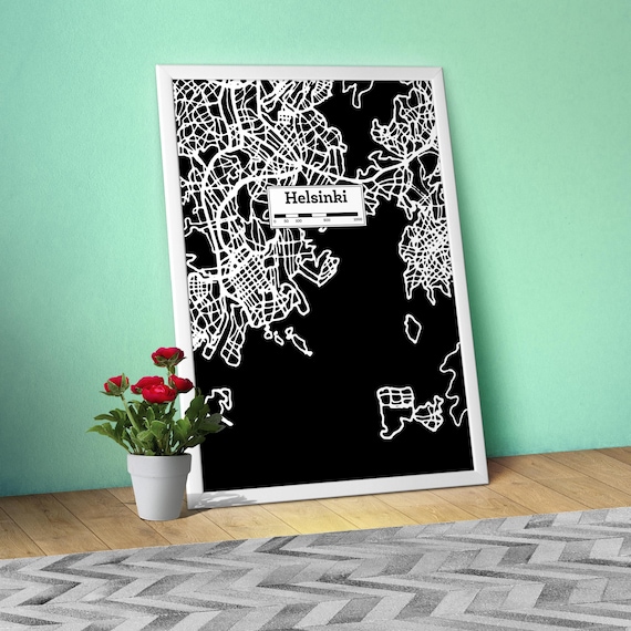 Helsinki, Hand Drawn City Map Poster — Black White Modern Urban Art, Print for Travel Lovers and Minimalist Wall Decor, Black city poster