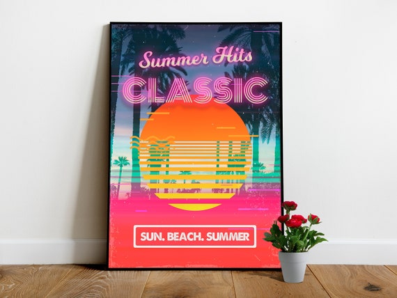Retrowave poster: Classic Summer Hits [retrowave/vaporwave/synthwave] — aesthetic poster, retrowave art print, neon poster, 80s poster
