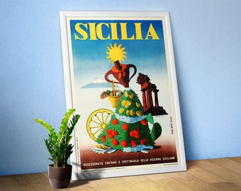 Italy, Sicily (Sicilia), 1950 — retro vintage travel poster, retro travel art, retro travel wall art