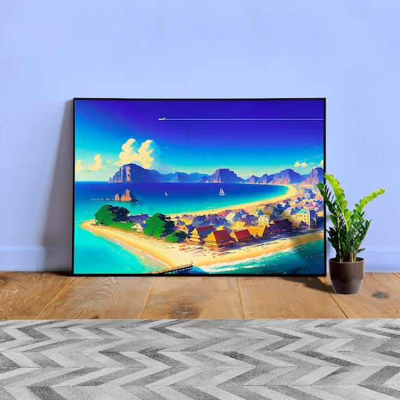 Japan, Okinawa, anime city on the bay — City Pop art, anime landscape poster, retrowave/vaporwave poster, 80s, panoramic poster
