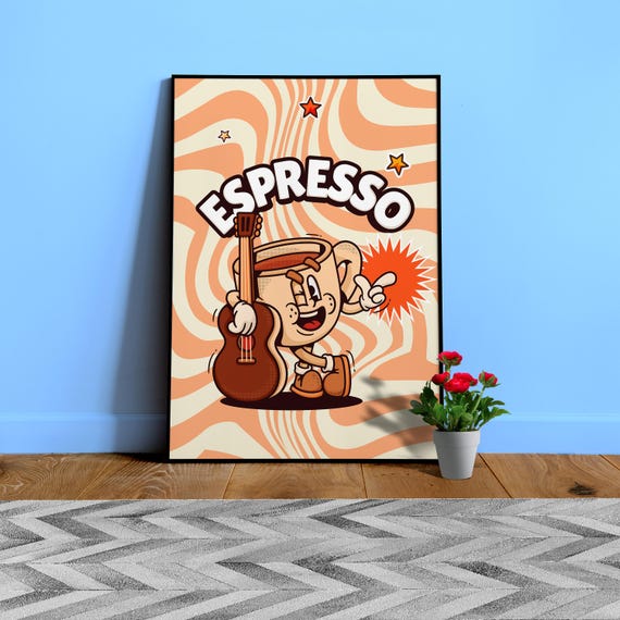 Coffee Cartoon Art Print: Rock star Coffee β Funny Espresso, Latte, Mocha, Cappuccino Posters β Vintage Coffee Shop and Kitchen Wall Decor