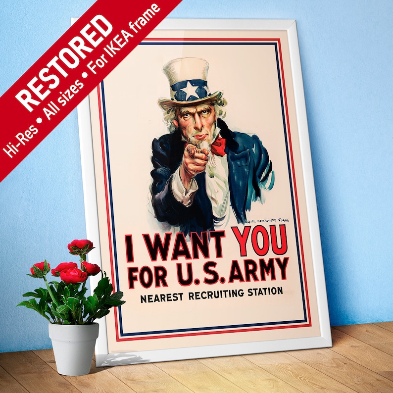 I want you for U.S. Army Uncle Sam. USA, WW1, 1917 vintage poster, retro print, propaganda poster, quote wall art, inspirational print image 1