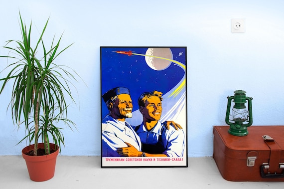 Glory to the workers of Soviet science!, USSR 1959 — Soviet vintage space poster, soviet poster, propaganda poster, soviet retro space