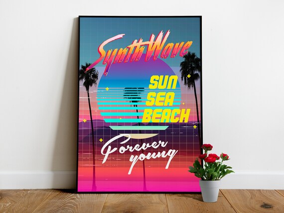 Synthwave poster: Sun. Sea. Beach [retrowave/vaporwave/synthwave] — aesthetic poster, retrowave art print, neon poster, 80s poster