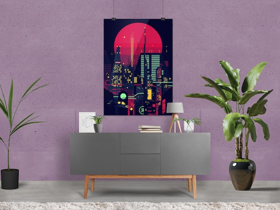 Synthwave Neon City (Bladerunner 1982 style) [synthwave/vaporwave/cyberpunk] — aesthetic poster, retrowave poster, movie poster [inches]