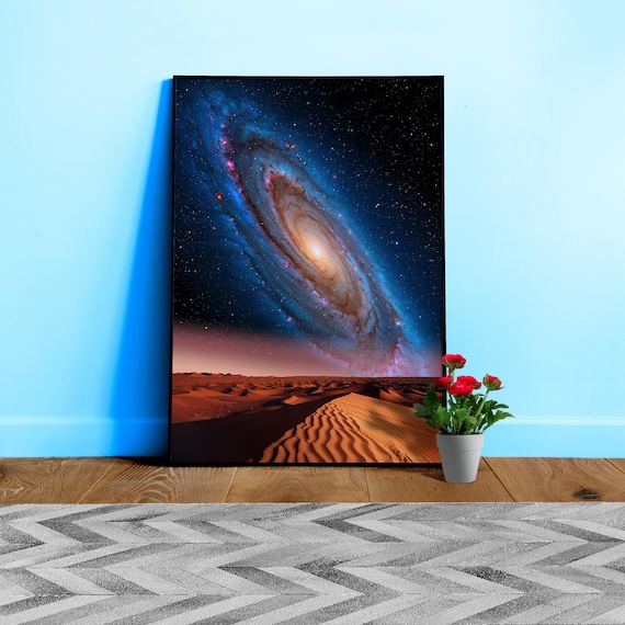 Andromeda Galaxy above the desert: space poster – Surreal Landscape art print. Night Sky wall decor, Cosmic Surrealism astronomy