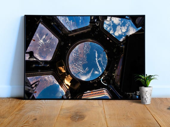 Earth from Space Poster — ISS Cupola view, Blue Earth, real NASA photo print, astronaut window wall art, orbit photography decor