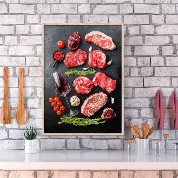 Wine Meat Tomato Wall Art – Italian Spanish Food Poster, Rustic Kitchen Decor, Blackboard Style Food Print, Minimalist Cooking Artwork