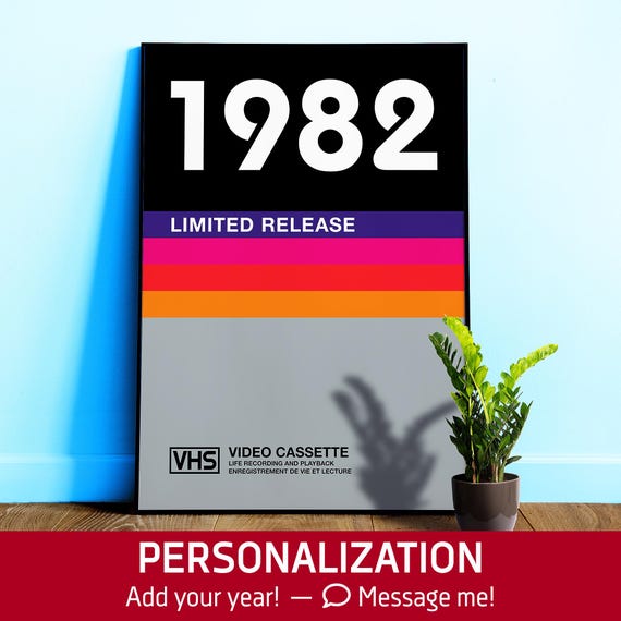 1982 VHS poster cassette cover — Personalized art with vibe 1980s. Retrowave print and custom year Gift 1990s, Memphis design retro art