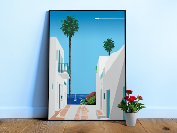 Santorini, Greece — City Pop art, retrowave/vaporwave poster, 80s, aesthetic poster, Hiroshi Nagai inspired art, minimalist poster