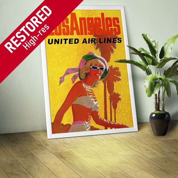 Los Angeles, United Air Lines, 1960 — retro vintage travel poster, retro travel art, vintage wall decor
