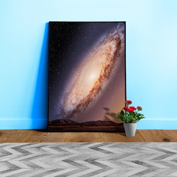 Andromeda Galaxy above the horizon: space wall art – Surreal Landscape Poster. Night Sky Print, Cosmic Surrealism Astronomy Decor Set