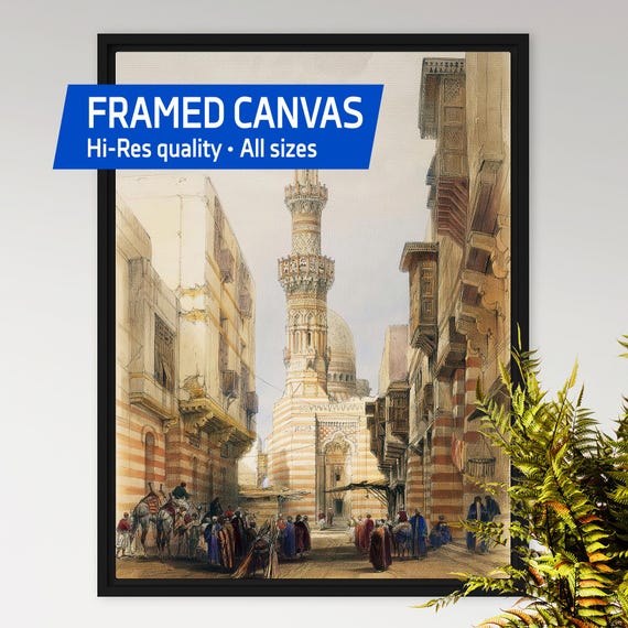 Mosque Boulak, Cairo, Egypt 1838 — Framed canvas, David Roberts • Cairo Wall Poster, Islamic Street Art, Vintage Travel Painting, Egypt Art