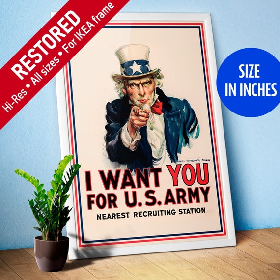 I want you for U.S. Army (Uncle Sam). USA, WW1, 1917 — vintage poster, retro print, propaganda poster, quote, inspirational print [inches]