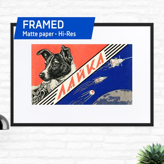 Laika, first space dog, Soviet vintage space — Matte Paper Framed Poster With Mat. Soviet vintage space art poster, Soviet 1950s wall decor