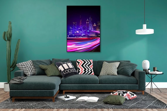 Neon city: fast lights (synthwave/vaporwave/retrowave/cyberpunk) — aesthetic poster, neon print, synthwave poster
