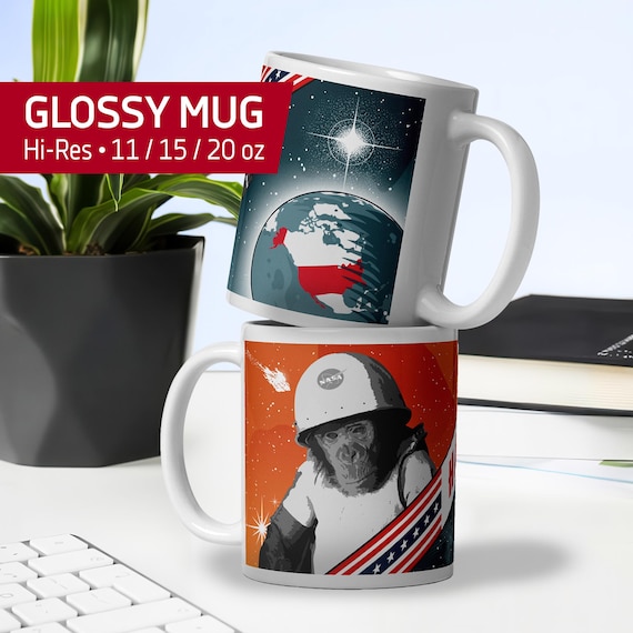 Ham Space Chimp Mug — White Glossy Mug. First Chimp in Space, USA 1961 Retro NASA Poster, Vintage Animal Space Art, Space History Gift
