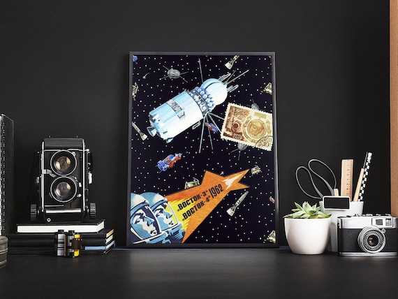 Gagarin space art [Sovietwave]: Vostok-3, 1962 — Soviet vintage space poster, propaganda poster, Soviet space
